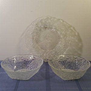 Indiana Glass PINEAPPLE & FLORAL 618 Clear 2 Salad Bowls & Plate Lot of 3